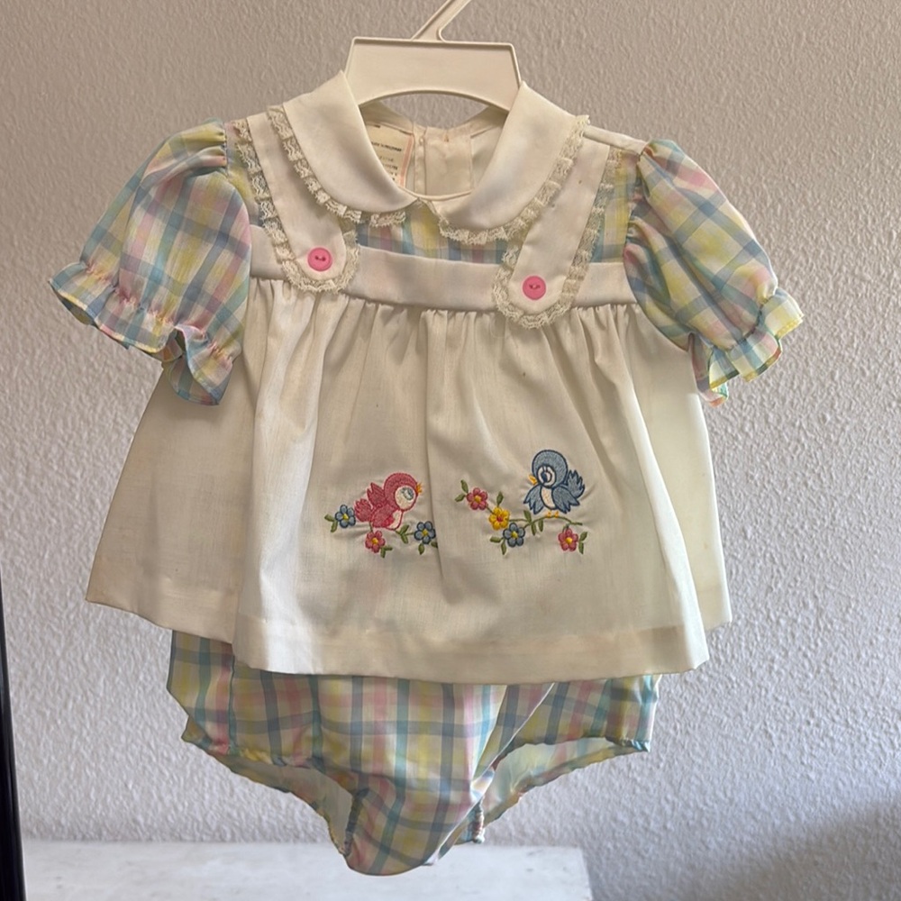 1960s Plaid Baby Outfit with Bird Embroidery